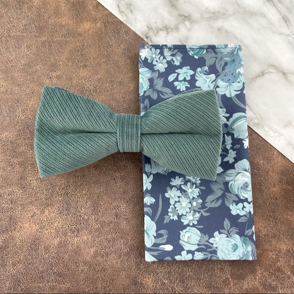 Men’s Sea Green Velour Bow Tie & Steel Blue Floral Pocket Square